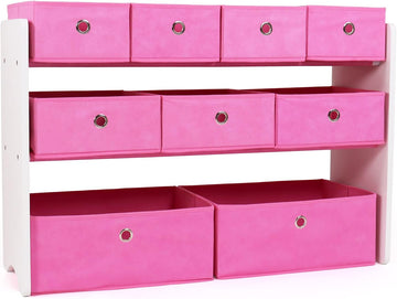 Humble Crew Carly Kids Toy Storage Organizer with 9 Collapsible Fabric Storage Bins, White and Pink