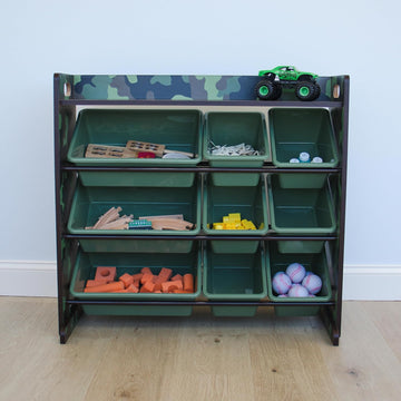 Humble Crew Hunter Toy Storage Organizer with Shelf and 9 Plastic Storage Bins, Army Green Camo
