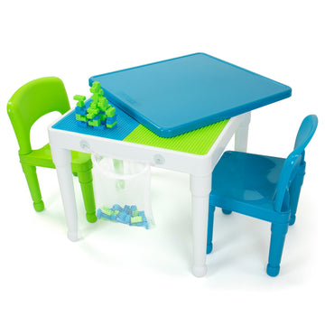 Kids 2-In-1 Square Activity Table and 2 Chair Set with 100 Pc Plastic Building Block Starter Set White/Green/Blue