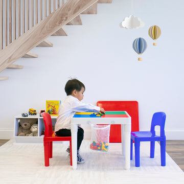 Kids 2-in-1 Plastic Building Blocks-Compatible Activity Table and 2 Chairs Set, Square, White/Blue/Red