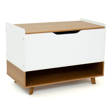 Humble Crew Morgan Mid-Century Modern Toy Box with Soft Close Lid and Storage Shelf Toy Chest, Warm Wood/White