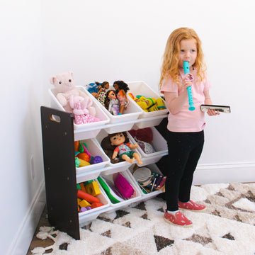 Humble Crew Espresso Toy Storage Organizer with 9 Plastic Storage Bins, Espresso/White