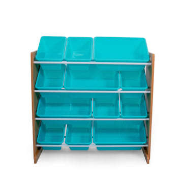 Humble Crew 12 Bin Toy Storage Organizer, Natural Wood/Aqua