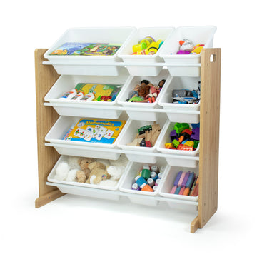 Humble Crew Journey Toy Storage Organizer with 12 Storage Bins,  Natural Wood/White Bins