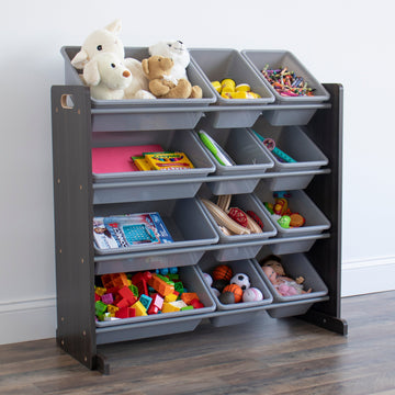 Sumatra Toy Storage Organizer with 12 Storage Bins, Espresso/Grey