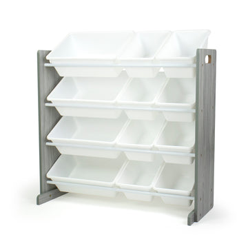 Slate Toy Storage Organizer with 12 Storage Bins, Grey Wood Grain/White