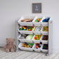 Slate Toy Storage Organizer with 12 Storage Bins, Grey Wood Grain/White