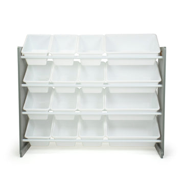 Slate Super Sized Toy Storage Organizer with 16 Storage Bins, Grey Wood Grain/White